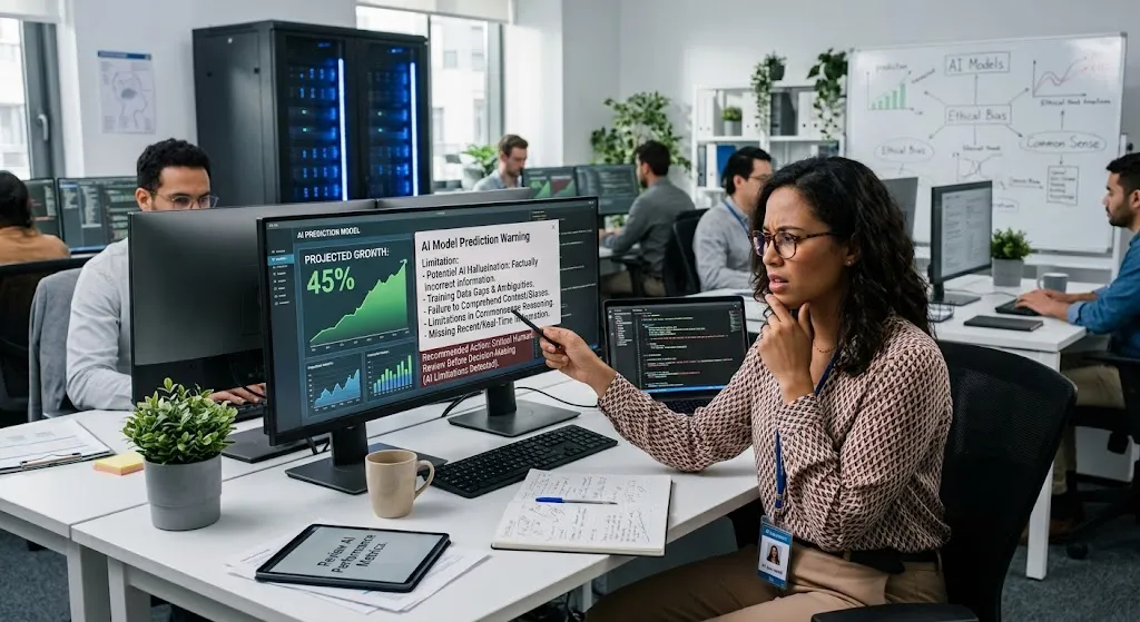 A concerned female data analyst in a professional office environment points a pen at a "AI Model Prediction Warning" pop-up on her computer monitor, which lists limitations like potential hallucinations and training data gaps. The screen also displays a chart showing a projected growth of forty-five percent. Other diverse colleagues are working at desks in the background, near a server rack and a whiteboard.