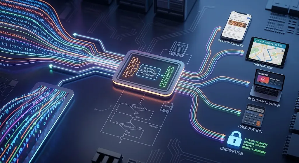 A realistic 3D editorial graphic demonstrating how algorithms work on a dark circuit board surface. On the left, streams of binary data enter a central processor labeled "Input → Processing → Output" showing a step-by-step sorting operation and decision flowchart. Glowing data lines connect from the central module to digital devices on the right representing real-world algorithm applications: search results on a smartphone, route navigation on a tablet, video recommendations on a laptop, a calculator display, and a secure lock symbol for encryption.