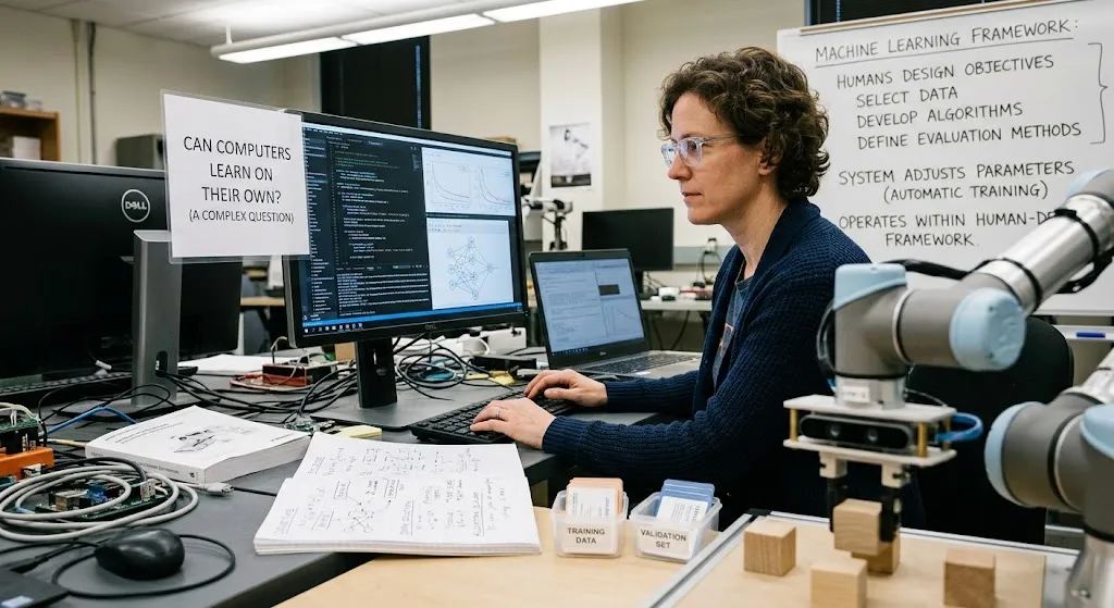 A realistic image depicting a machine learning research lab where a female scientist works at a computer desk. Beside her monitor, a sign asks "CAN COMPUTERS LEARN ON THEIR OWN? (A COMPLEX QUESTION)". A whiteboard in the background outlines the machine learning framework, noting that humans design objectives, select data, develop algorithms, and define evaluation methods, while the system automatically adjusts parameters within this human-designed framework.