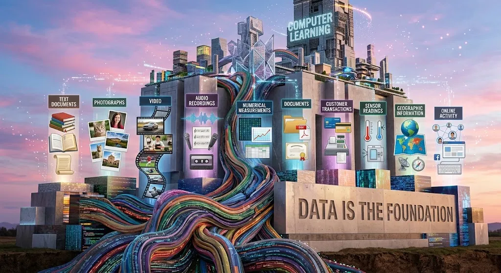 A conceptual architectural illustration set against a sunset sky, showing a futuristic "Computer Learning" city built upon a concrete base with the carved text "Data is the Foundation." Multiple streams of brightly colored data cables flow up from the ground into the base, which features nine illuminated display niches showcasing different data types with text labels and icons: Text Documents, Photographs, Video, Audio Recordings, Numerical Measurements, Documents, Customer Transactions, Sensor Readings, Geographic Information, and Online Activity.
