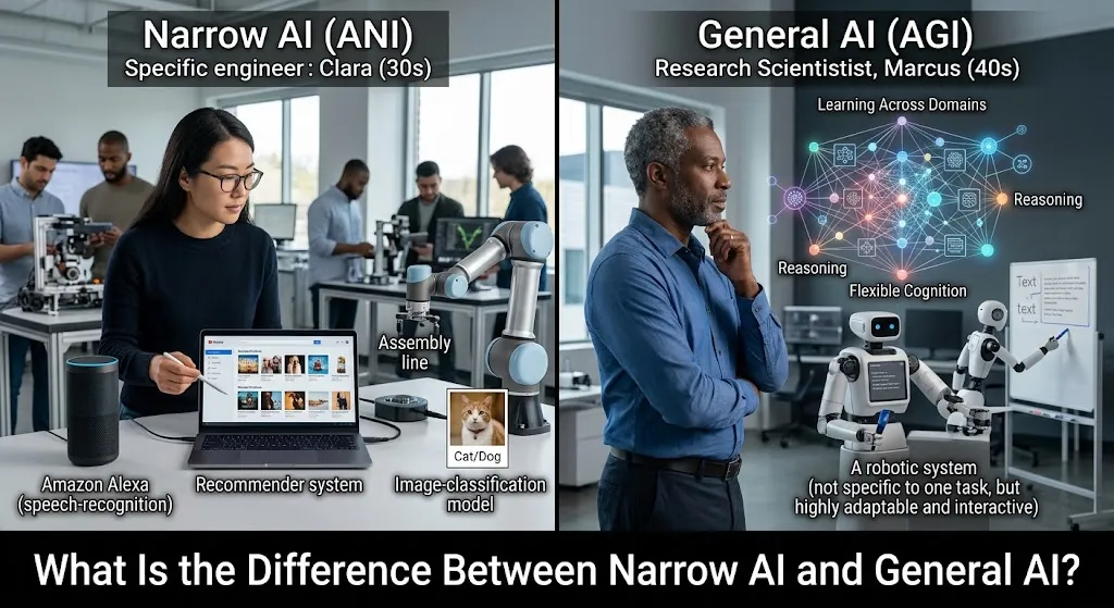 A side-by-side comparison illustrating the difference between Narrow AI and General AI. The left side, titled "Narrow AI (ANI)", shows Clara (30s), a specific engineer, working with single-purpose AI tools like an Amazon Alexa for speech-recognition, a recommender system on a laptop, and an image-classification model identifying a cat. The right side, titled "General AI (AGI)", features Marcus (40s), a research scientist, looking thoughtfully at a holographic neural network with capabilities like "Reasoning" and "Flexible Cognition," alongside an adaptable robotic system writing on a whiteboard.
