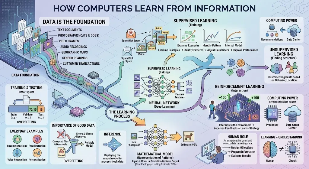 A comprehensive infographic detailing how computers learn from information. The diagram maps out the core components of machine learning: data foundation inputs (text, photos, video, maps), supervised learning processes with spam and house price examples, deep neural networks, unsupervised learning for customer segmentation, reinforcement learning with feedback loops, the inference pipeline estimating a dog photo classification, human oversight, and the key concept that statistical learning is not equivalent to human understanding.