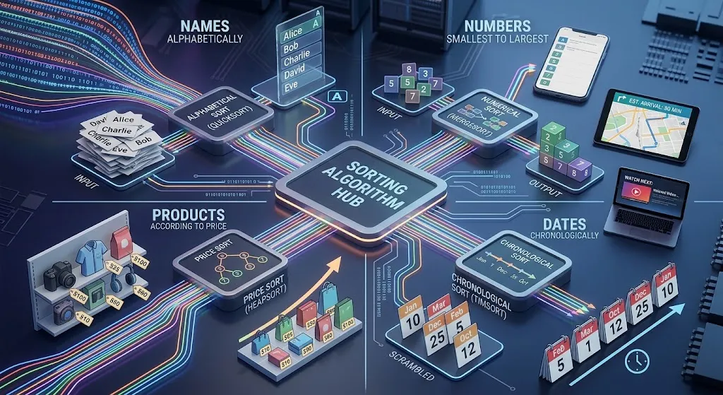 A detailed isometric conceptual visualization of a digital "Sorting Algorithm Hub." A central processor connects via glowing, multi-colored data streams to four distinct data processing zones: Names Alphabetically (Quicksort), Numbers Smallest to Largest (Merge Sort), Products According to Price (Heapsort), and Dates Chronologically (Timsort). Each zone shows scrambled input on one side (e.g., messy name cards, random price tags, unsorted calendars) and organized output on the other (a sorted contact list, numbered blocks, product shelves, a timeline). Peripheral screens like a smartphone and laptop display organized search results and video recommendations, and a central flowchart details algorithm logic.