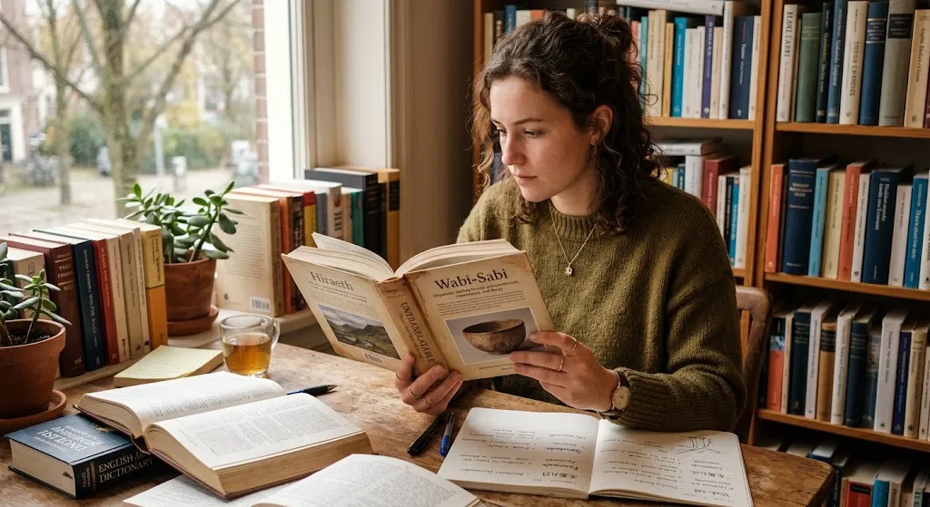 A young woman sits at a wooden desk surrounded by bookshelves, holding an open book displaying untranslatable words like "Wabi-Sabi" and "Hiraeth."