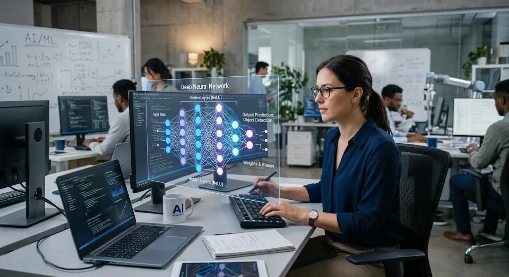 A female computer scientist sitting at a modern desk in a tech lab, working on a computer screen that displays a 3D visualization of a deep neural network with labeled input data, hidden layers, and predictions.